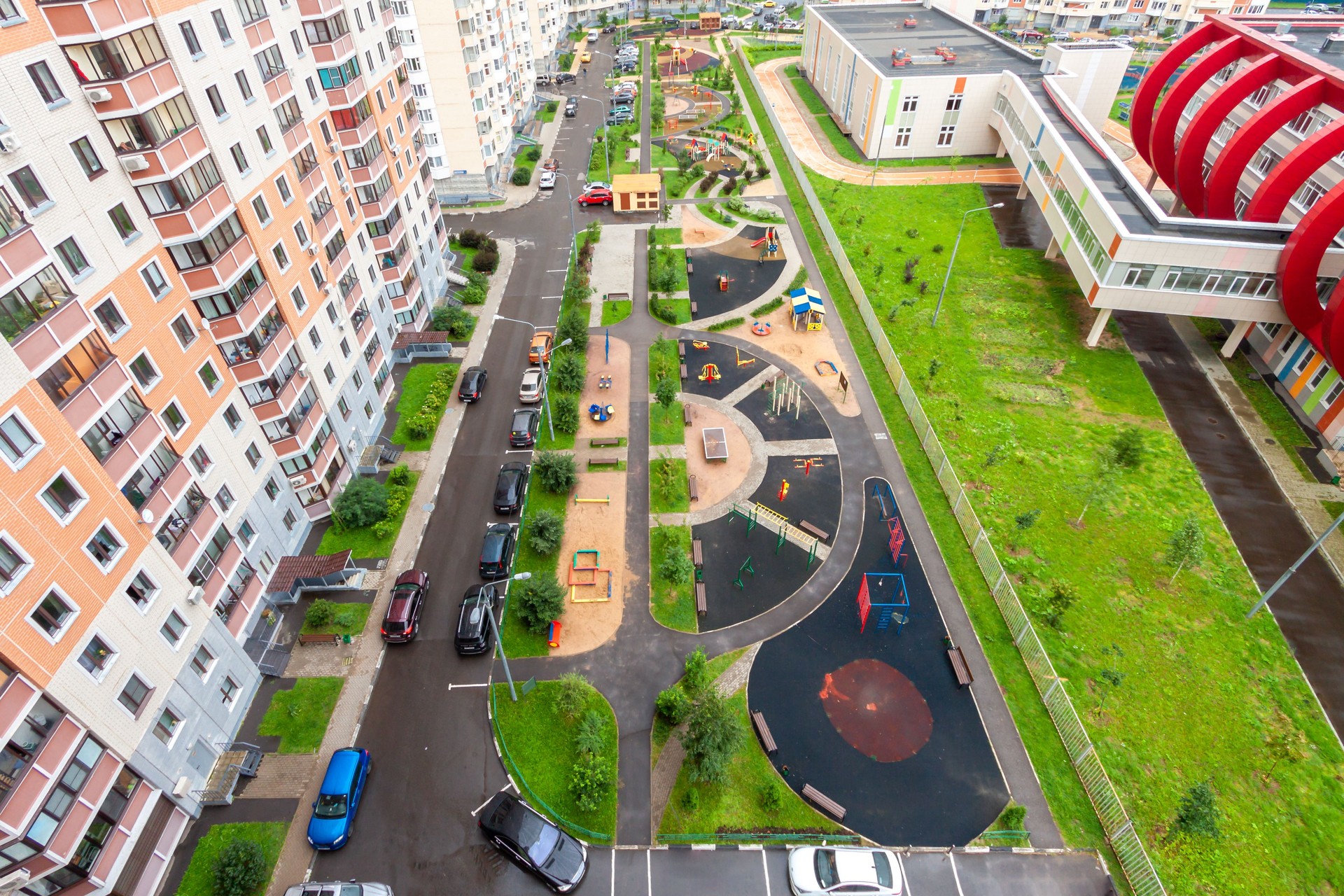 Aerial view apartment complex mixed-use urban residential district area development